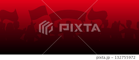 Silhouetted crowd protesting with flags and banners on red background 132755972