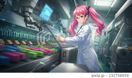 アニメ風イラスト。食品工場全体と安全な製造ライン アニメ風イラスト。食品工場全体と安全な製造ライン 132756059