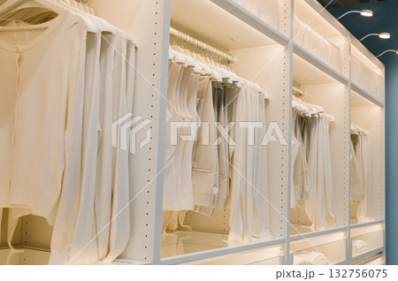 Organized white wardrobe with hanging shirts and jackets in modern closet 132756075