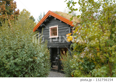 Rustic wooden cabin with orange roof surrounded by greenery in a forest setting Rustic wooden cabin with orange roof surrounded by greenery in a forest setting 132756154