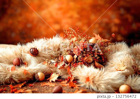 ふわふわの布の上に置かれたどんぐり ふわふわの布の上に置かれたどんぐり 132756472