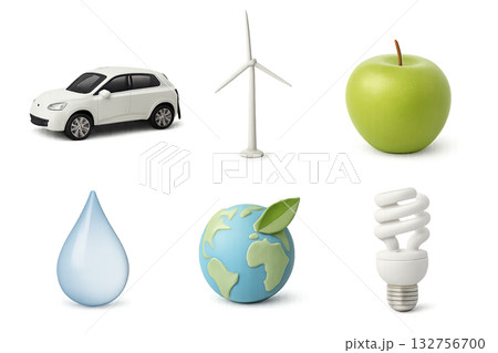 Eco icon sets featuring car, wind turbine, apple, water drop, globe, bulb, isolated 132756700