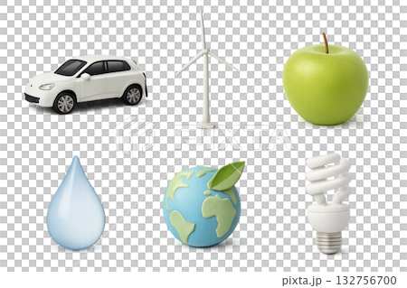 Eco icon sets featuring car, wind turbine, apple, water drop, globe, bulb, isolated 132756700