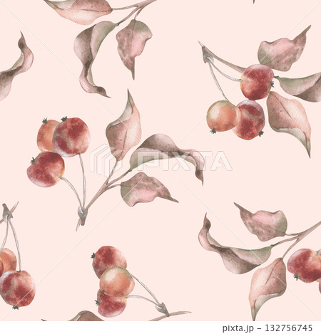 Seamless crab apple pattern and delicate branches with red fruits and autumn foliage. Hand drawn watercolor print in muted colors for holiday textiles, seasonal gift wrap and rustic backgrounds. 132756745