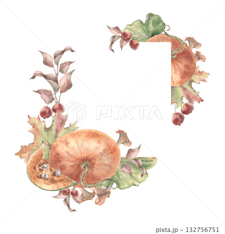 Vintage autumn flora square frame with soft orange pumpkins whole and pieces hand painted. Delicate watercolor harvest with muted leaves and crabapples branches isolated. Frame for fall stationery. Vintage autumn flora square frame with soft orange pumpkins whole and pieces hand painted. Delicate watercolor harvest with muted leaves and crabapples branches isolated. Frame for fall stationery. 132756751
