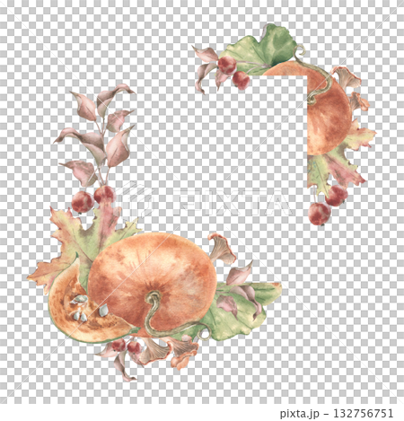 Vintage autumn flora square frame with soft orange pumpkins whole and pieces hand painted. Delicate watercolor harvest with muted leaves and crabapples branches isolated. Frame for fall stationery. 132756751