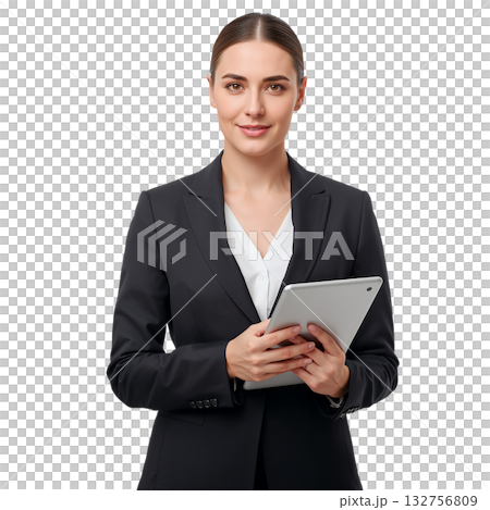 Business Woman Holding a Tablet While Dressed in a Professional Suit Against a White Background Business Woman Holding a Tablet While Dressed in a Professional Suit Against a White Background 132756809