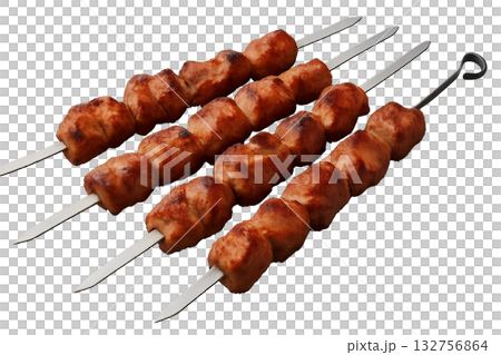 Grilled Meat Skewers Cooking Over a Barbecue With Charred Edges and Juicy Texture 132756864