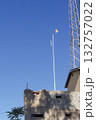 Greek and Cypriot flags on poles above a divided building in Cyprus Green Zone. 132757022