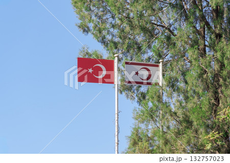 Turkish and Northern Cyprus flags at Green Line, Nicosia. Turkish and Northern Cyprus flags at Green Line, Nicosia. 132757023