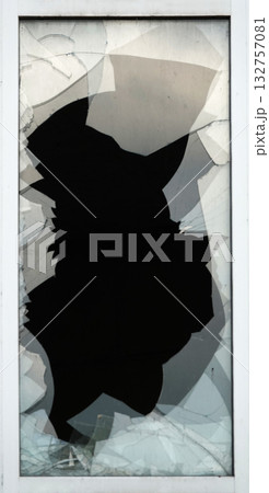Kyiv, Ukraine, October 13, 2025: Broken window glass of a high-rise building 132757081