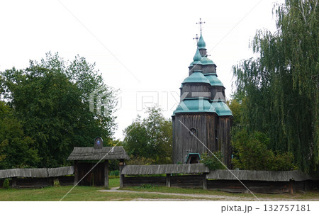 Kyiv, Ukraine, September 1, 2025: The wooden Church of St. Nicholas in the Pirogovo Museum in Kyiv 132757181