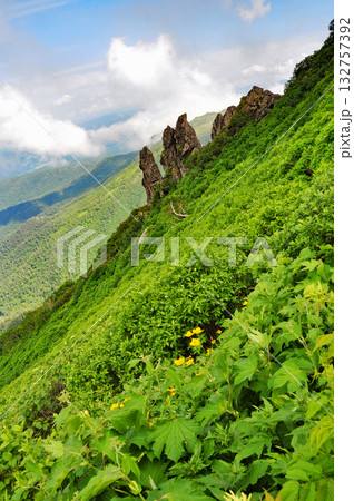 北海道　大雪山縦走　黒岳からまねき岩を右手に層雲峡に下る 132757392
