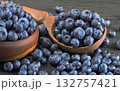 ripe juicy blueberries in a spoon on the table. close up 132757421