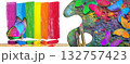 Colors of rainbow. Colorful morpho butterflies, artist's palette, pastel crayons and brushes. art 132757423
