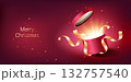 Red opened 3d realistic gift box with magical shining glow and golden ribbons flying off cover, place for your text vector illustration. 132757540