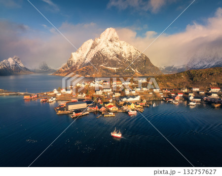 Aerial view of Reine village, fjords and snowy mountains 132757627
