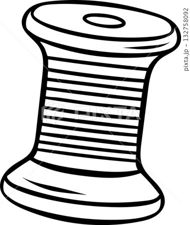 Sketch style thread spool in simple black and white line art. Knitting accessory icon drawn as a doodle, minimalist illustration for sewing supplies and DIY craft themes 132758092