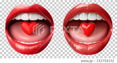Single red heart-shaped candy isolated at the entrance of open mouth, concept for valentine's day, sweet taste, love, dental health Single red heart-shaped candy isolated at the entrance of open mouth, concept for valentine's day, sweet taste, love, dental health 132758132
