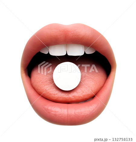 Round white pill placed at the entrance of isolated mouth, symbolizing medication, treatment, pharmaceutical concepts on transparent background Round white pill placed at the entrance of isolated mouth, symbolizing medication, treatment, pharmaceutical concepts on transparent background 132758133