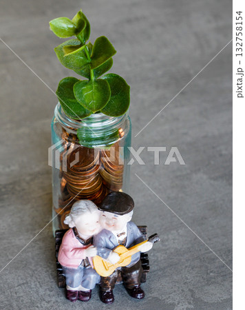 Symbolic money tree with coin jar and elderly couple figurines representing financial growth Symbolic money tree with coin jar and elderly couple figurines representing financial growth 132758154