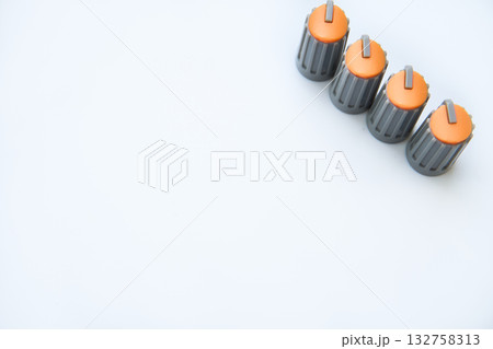 Four orange buttons potentiometers for volume,frequencies of mixer,amplifier Four orange buttons potentiometers for volume,frequencies of mixer,amplifier 132758313