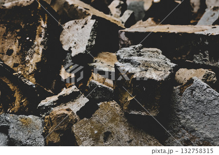 Ruins of broken brick wall,demolition old building 132758315