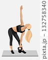 A woman performs a stretching exercise with a kettlebell, showcasing her fitness routine and dedication to health in a sleek workout environment. 132758340