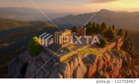山頂に建つ廃墟のギリシャ神殿を俯瞰する 山頂に建つ廃墟のギリシャ神殿を俯瞰する 132758467