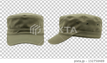 Green military cap mockup in front and side views a classic army style headwear template Green military cap mockup in front and side views a classic army style headwear template 132758489