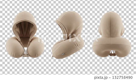 Beige hooded travel neck pillow in three views for comfortable airplane and car journeys 132758490