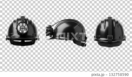 Black miner hard hat helmet with headlamp shown in three views for construction safety 132758590
