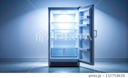 空っぽの冷蔵庫と青い光の演出 ／ ミニマルでクリーンな印象の生活イメージ素材 132758638