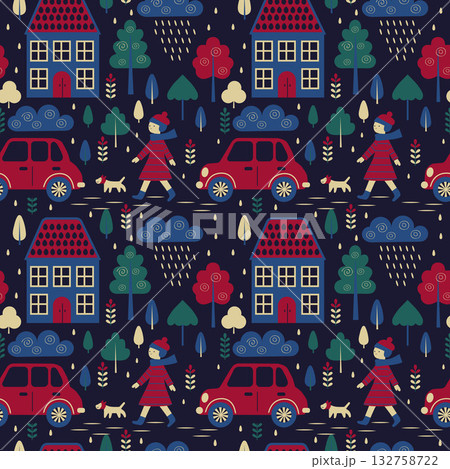 A vibrant seamless pattern featuring a girl walking in the rain with her dog among houses, trees, and cars. It exudes an autumnal atmosphere, minimalist style, rich colors, and the coziness and mood 132758722