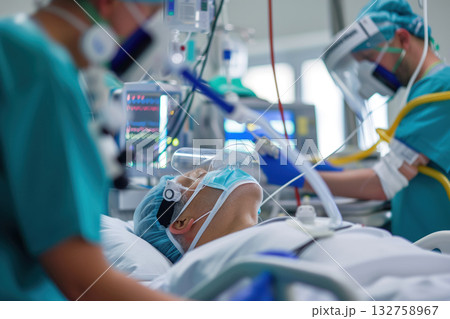 Patient is in comatose during intensive care at an intensive care unit ICU hospital AI Generative 132758967
