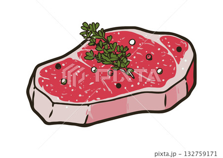 Cartoon-style raw beef steak with herbs and peppercorns on a clean white background, representing fresh meat and cooking preparation Cartoon-style raw beef steak with herbs and peppercorns on a clean white background, representing fresh meat and cooking preparation 132759171