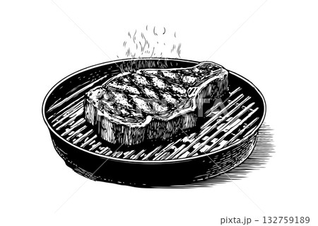 Juicy grilled steak cooking on a round barbecue grill, detailed engraving style, isolated on white background, concept of traditional barbecue 132759189