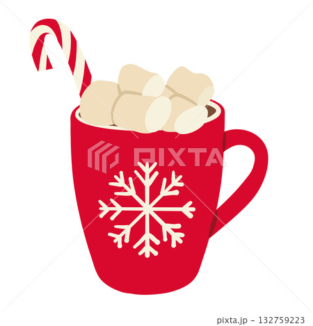 Christmas cocoa drink with marshmallows. Hot chocolate drink mug on white background. Winter season drink doodle illustration 132759223