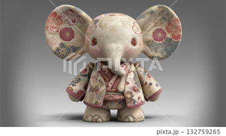 和柄の着物を着たかわいい小さなゾウのキャラクター 和柄の着物を着たかわいい小さなゾウのキャラクター 132759265