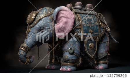 豪華な装飾を施した青い鎧のゾウのファンタジーキャラ 132759266