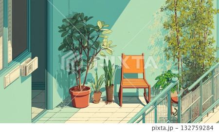 緑に囲まれた椅子のある爽やかなバルコニーのイラスト 132759284