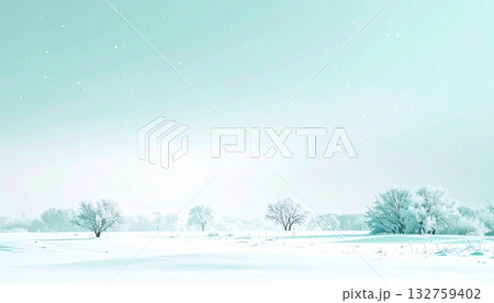 白から霜ミントへ薄氷グラデーションと漂う雪片の透明冬背景 132759402