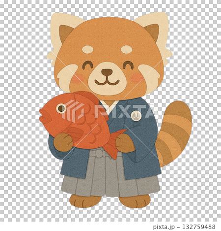 【新年】小熊貓手捧紅鯛魚的插圖 / 冠袴 132759488