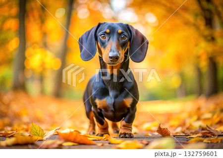Autumn walk. A dachshund dog among colorful orange fallen leaves 132759601