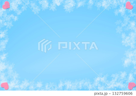 Blue snowflakes frame with pink small hearts by side 132759606