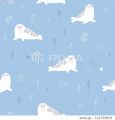 Adorable White Walrus and Stars Background for Kids' Decor. Cute Walrus Seamless Pattern. Adorable White Walrus and Stars Background for Kids' Decor. Cute Walrus Seamless Pattern. 132759614