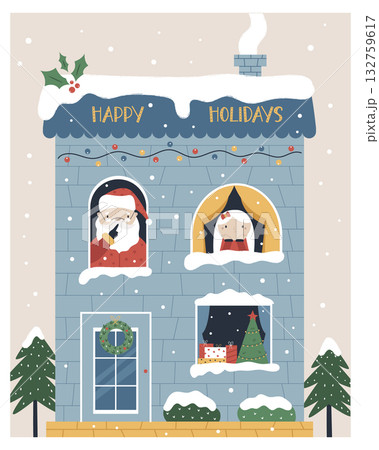 Santa's House Christmas Card Design: Happy Holidays Illustration with Santa Claus and Little Girl. Santa's House Christmas Card Design: Happy Holidays Illustration with Santa Claus and Little Girl. 132759617