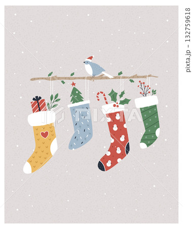 Hanging Christmas Stockings with Bird and Gifts: Cozy Holiday Winter Illustration 132759618