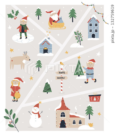 Santa's House Christmas Card Design: Happy Holidays Illustration with Santa Claus and Little Girl. 132759619