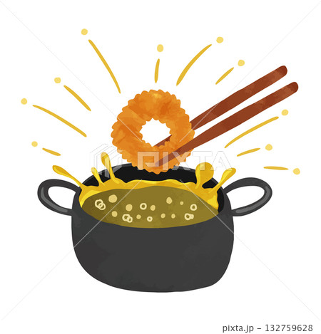 油はねしている揚げ物鍋とイカリング　水彩風手描きイラスト 132759628